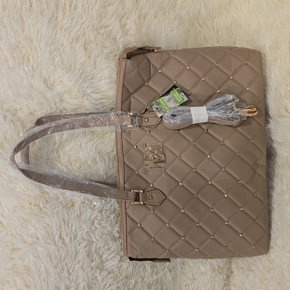Badgley Mischka Taupe Quilted Studded Tote